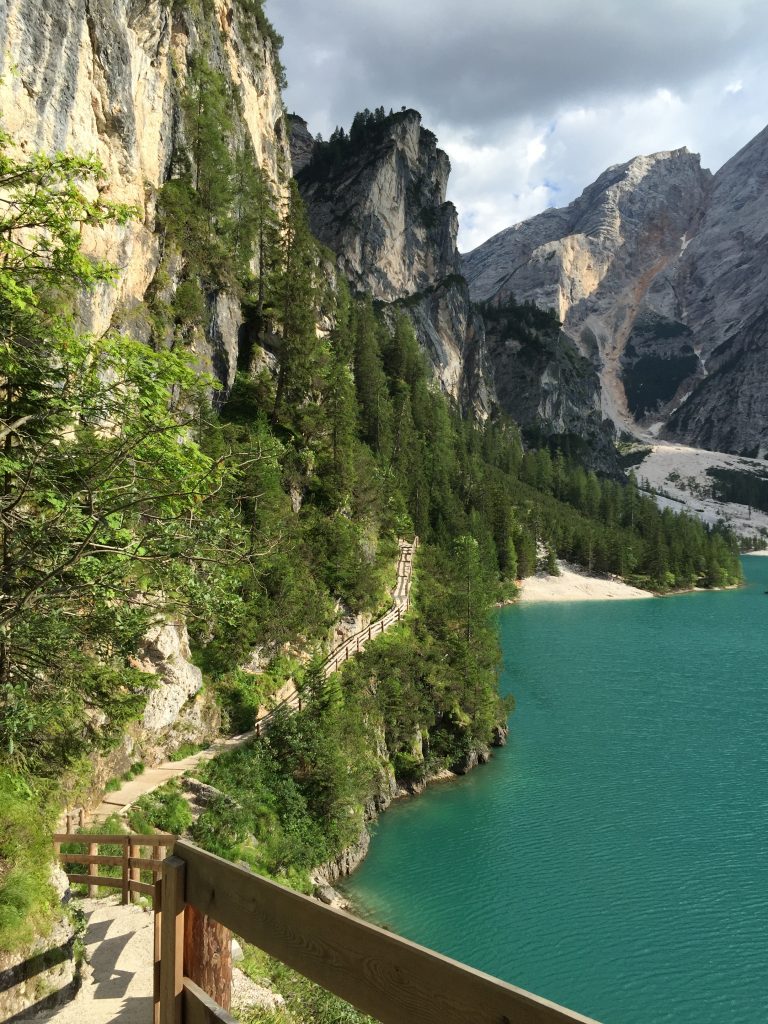 Hiking trail around Lago di Braies in the Dolomites