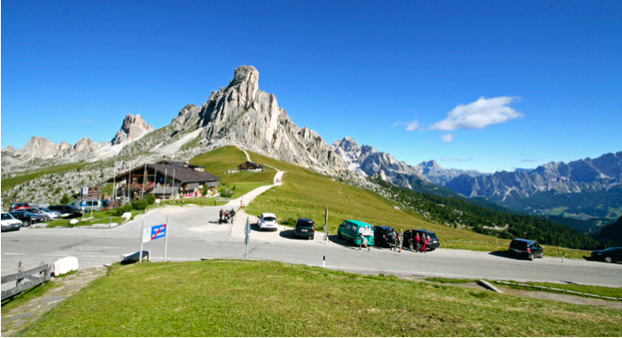 Well-marked hiking routes leading from the parking lot area at Passo Giau