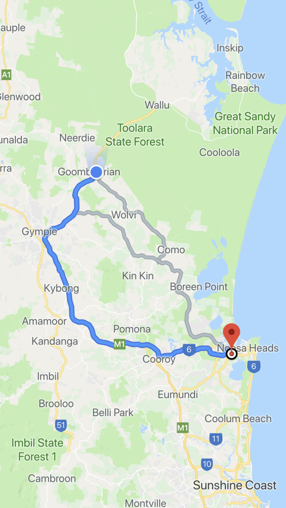 Map from Goomboorian to Noosa Heads
