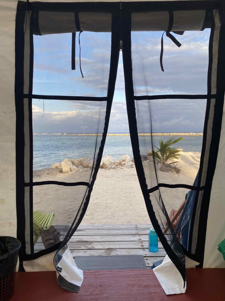 View from the door of a tent cabin at South Water Caye