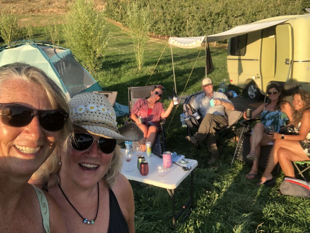 A happy group camping at Cheval Cellars Winery, WA