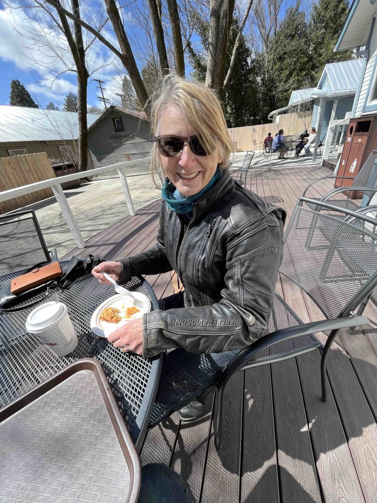 Mary eating a Julian pie - Harley Davidson road trip adventure